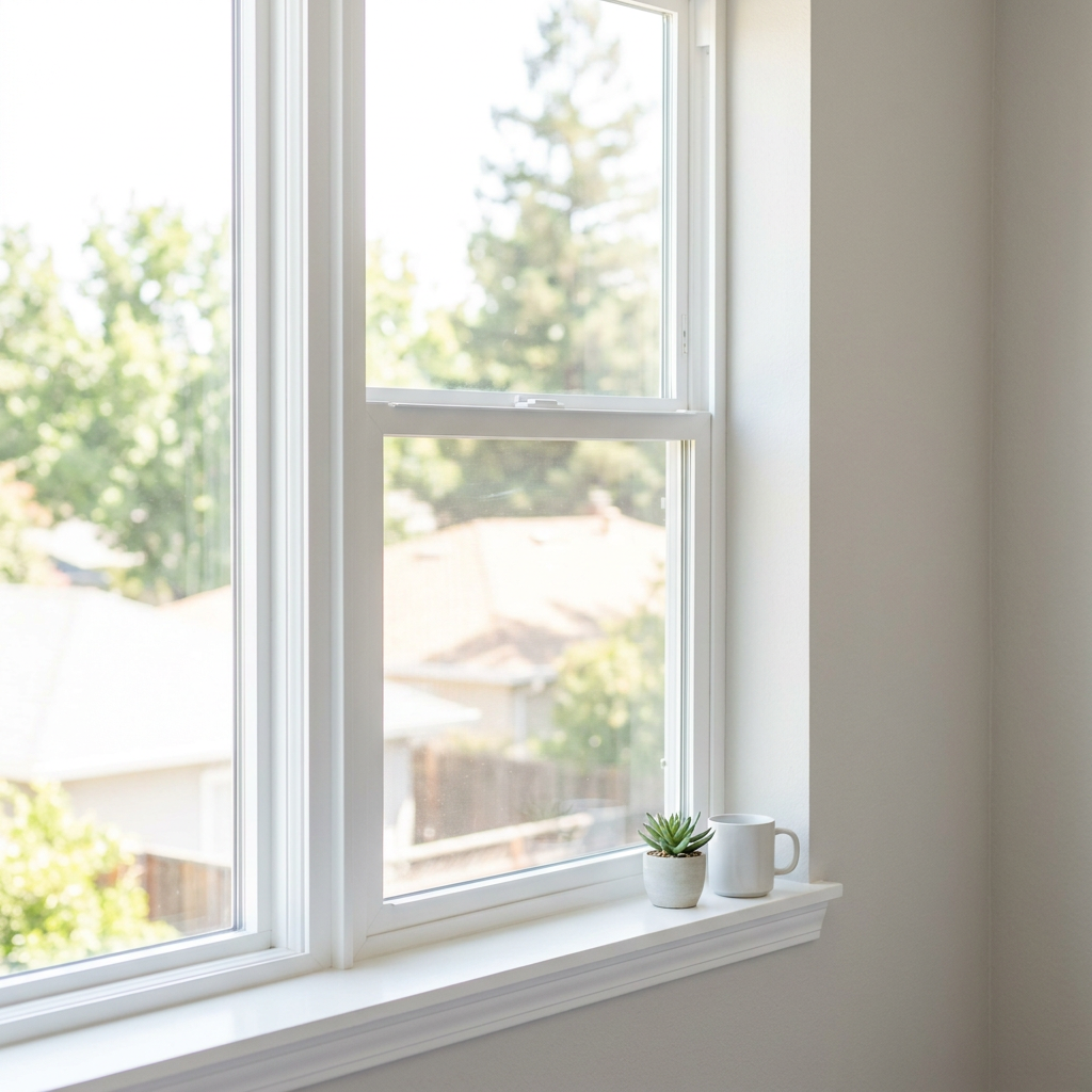 Ventana de vinilo blanca nueva instalada en el interior de una casa
