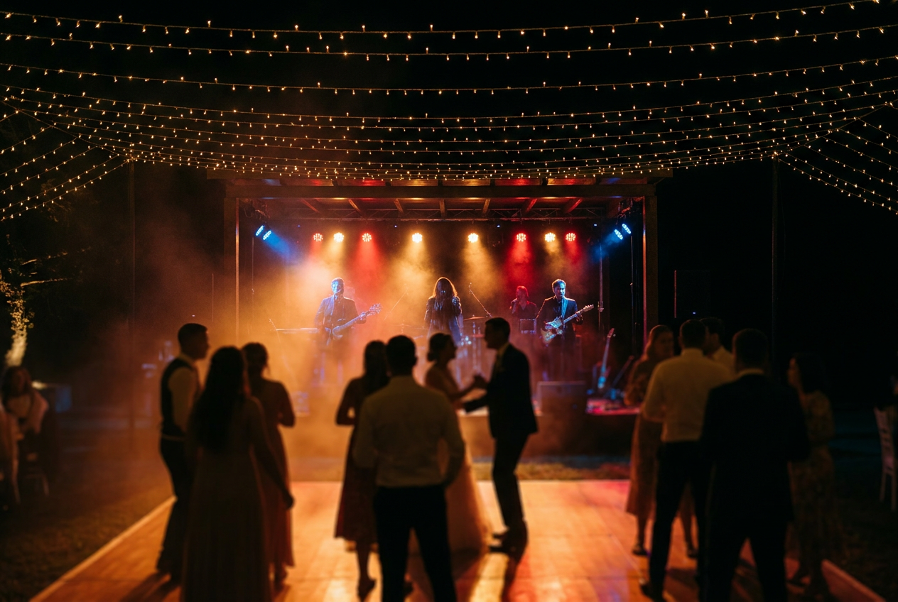 Pista de boda iluminada de noche con escenario para música en vivo