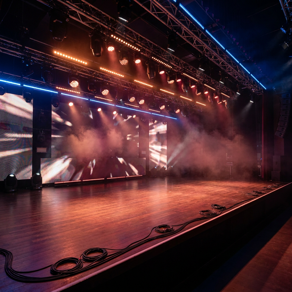 Escenario con iluminación roja y azul listo para un show de comedia