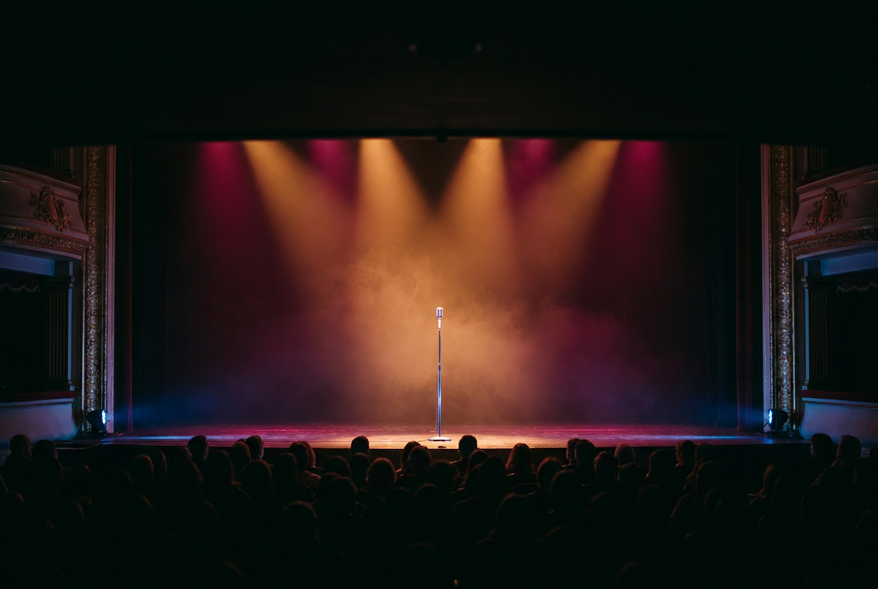 Escenario iluminado con micrófono al centro listo para un show en vivo