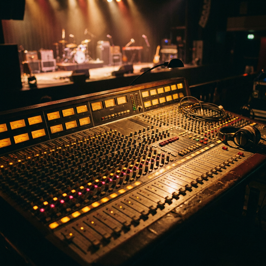 Consola de sonido iluminada durante la producción de un evento