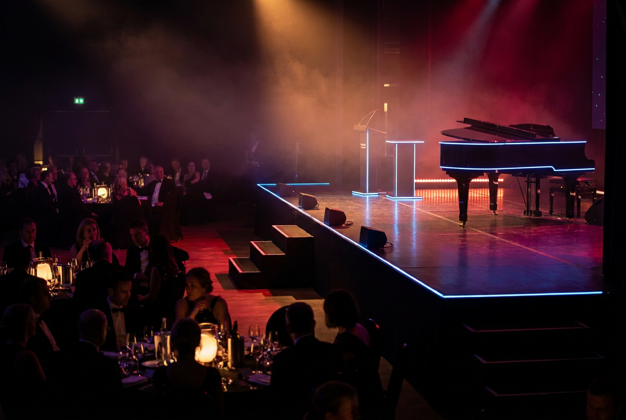 Escenario de gala corporativa con iluminación roja y azul