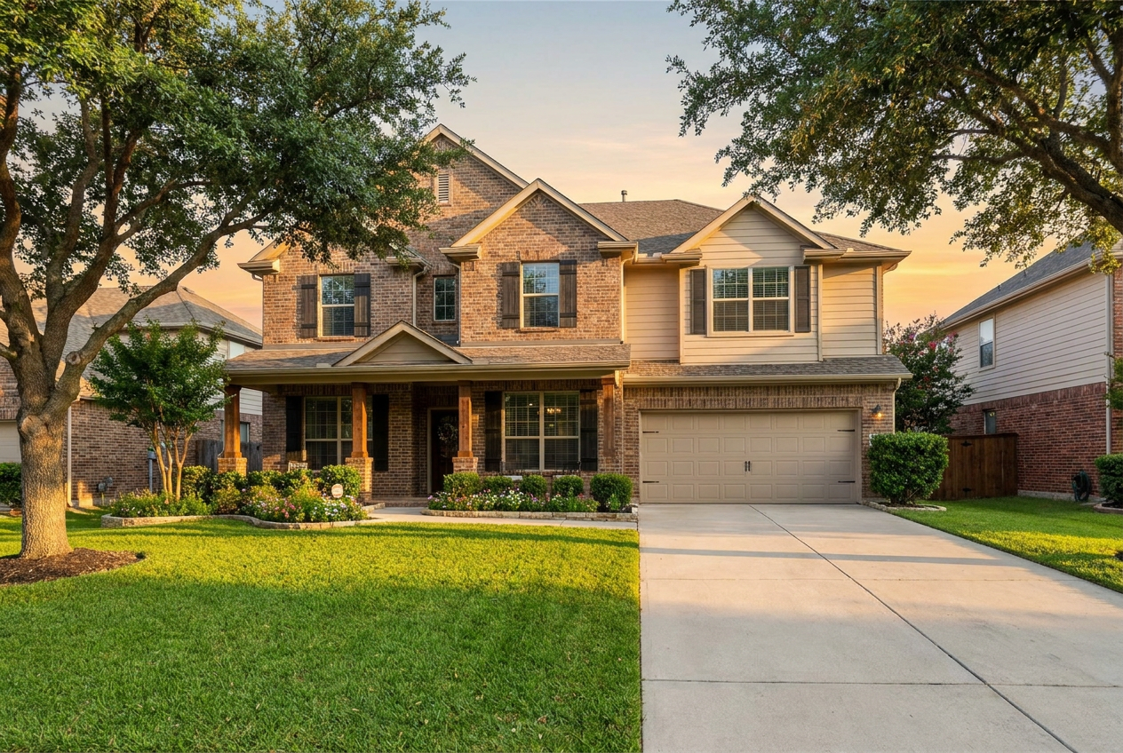 A welcoming two-story brick home in a Dallas-Fort Worth neighborhood at golden hour
