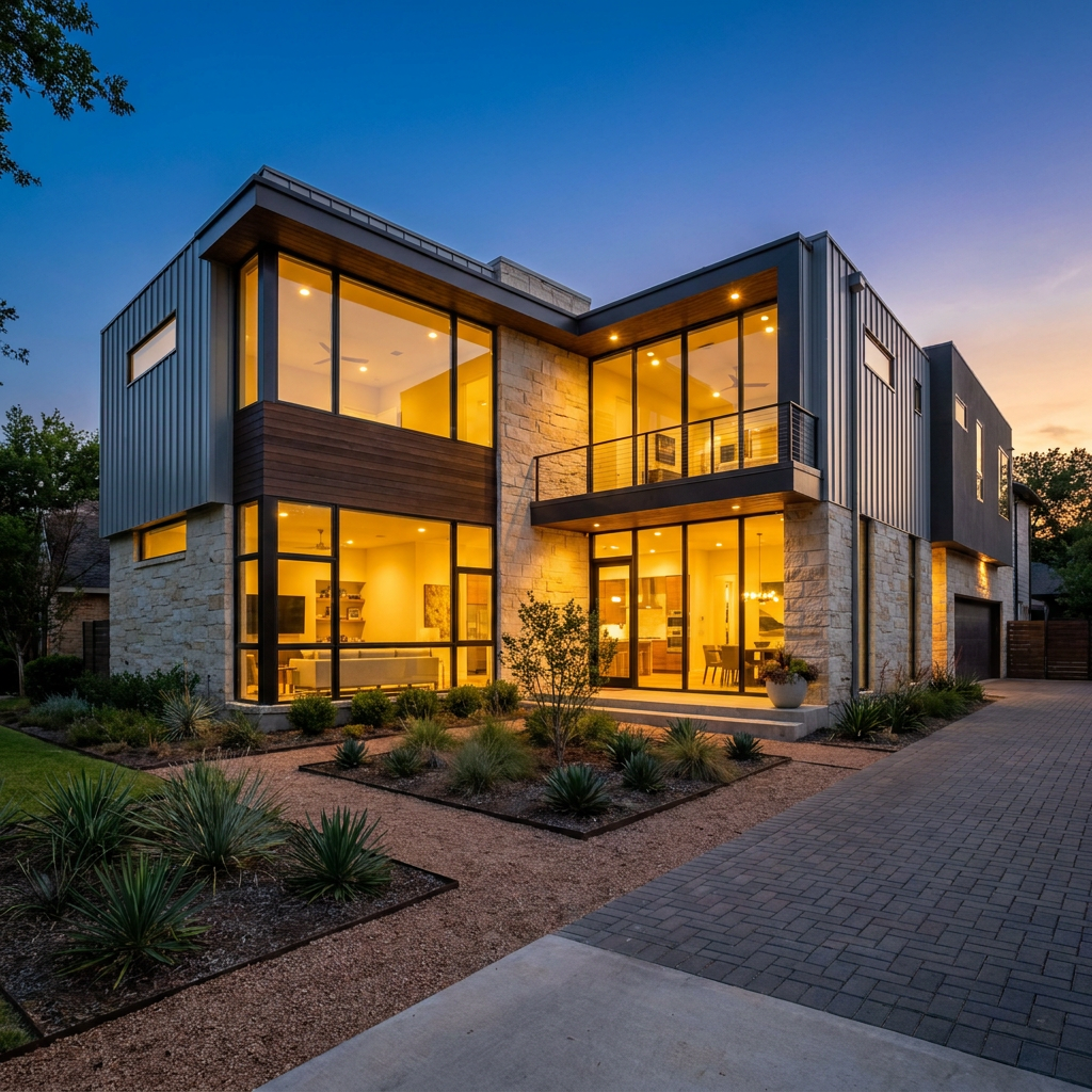 Modern Dallas home exterior at dusk with warm interior lights