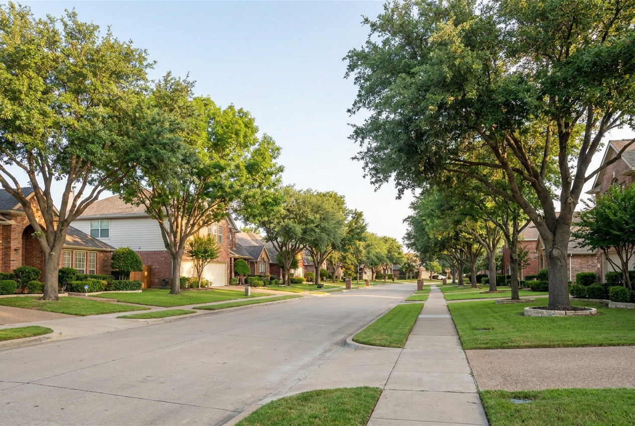 Peaceful tree-lined residential street in a Dallas-Fort Worth suburb the team serves