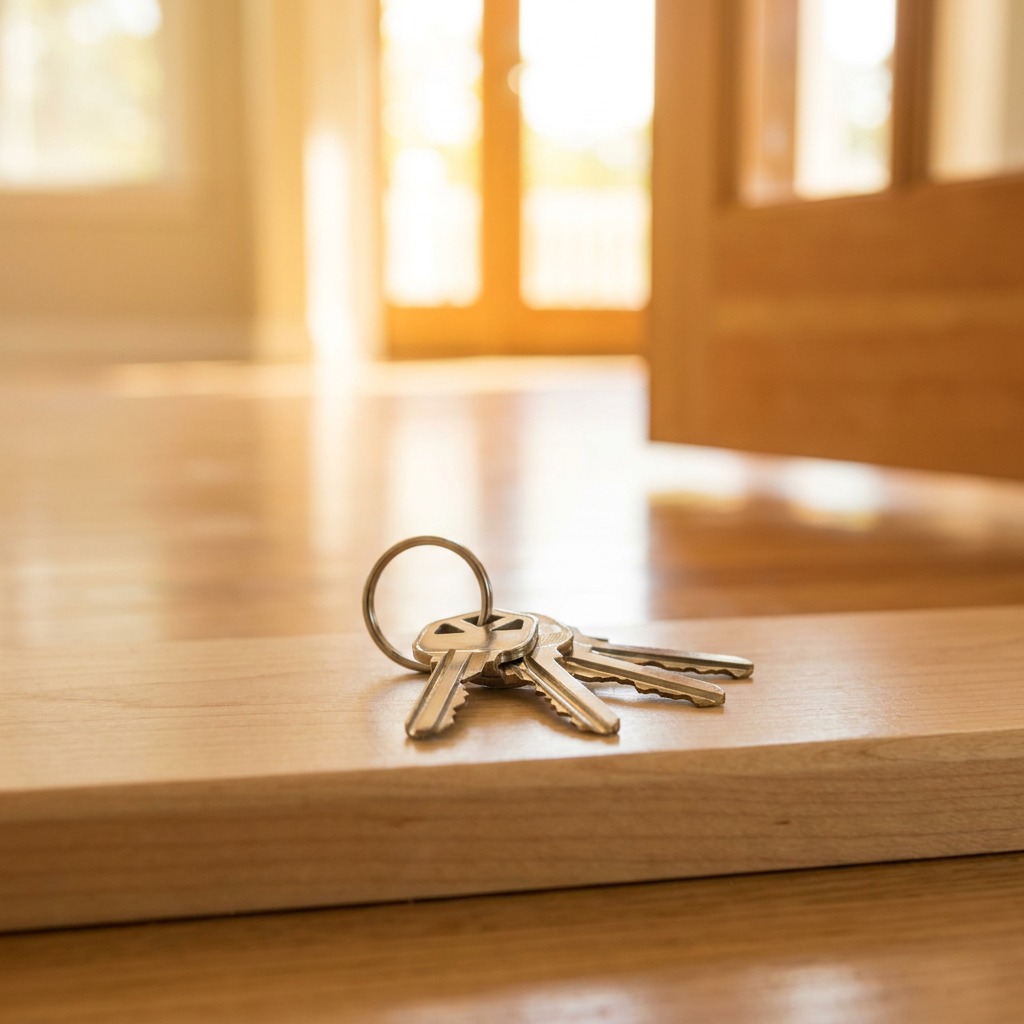 House keys resting at the threshold of a bright new home