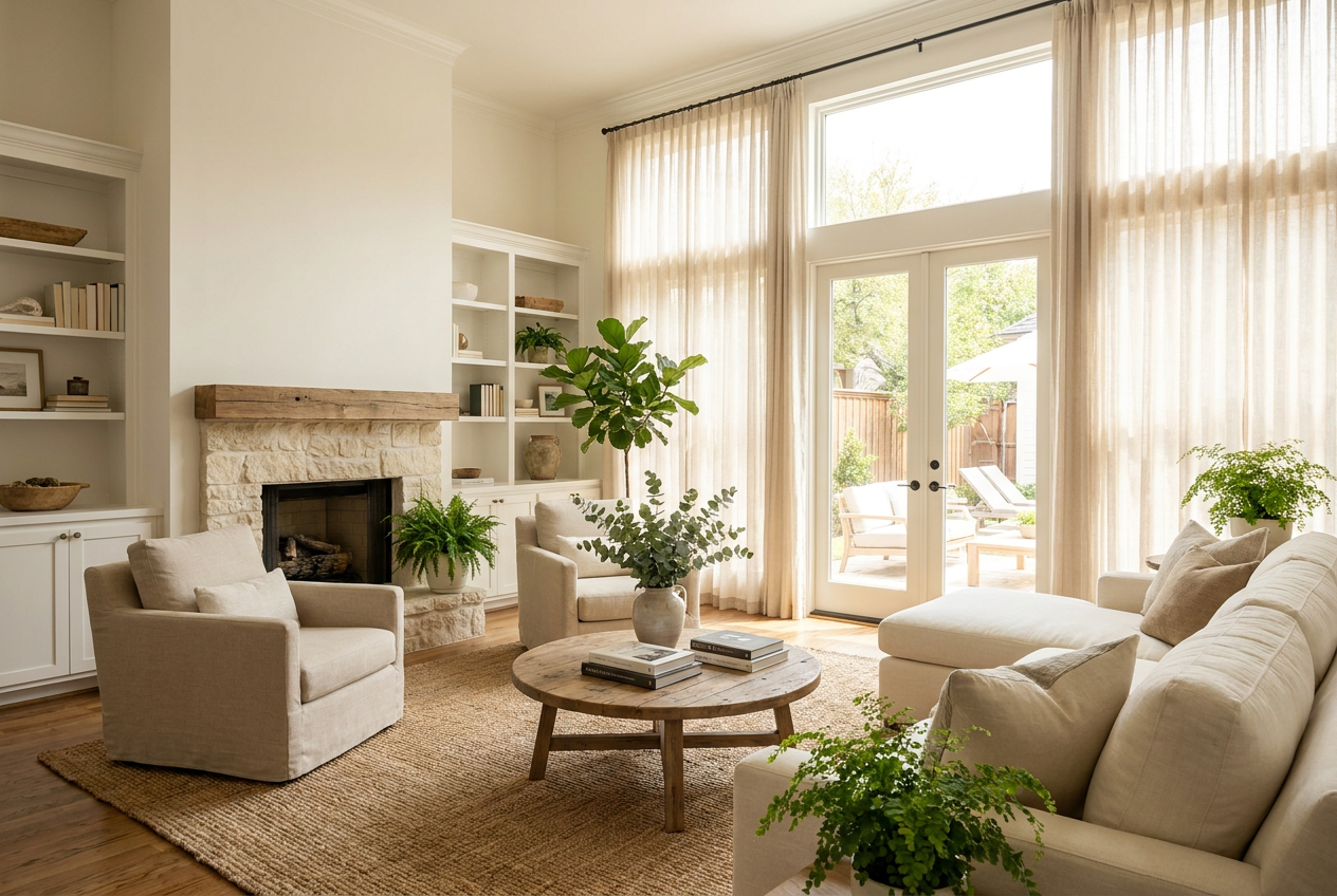 Bright, welcoming living room in a Dallas home filled with natural light