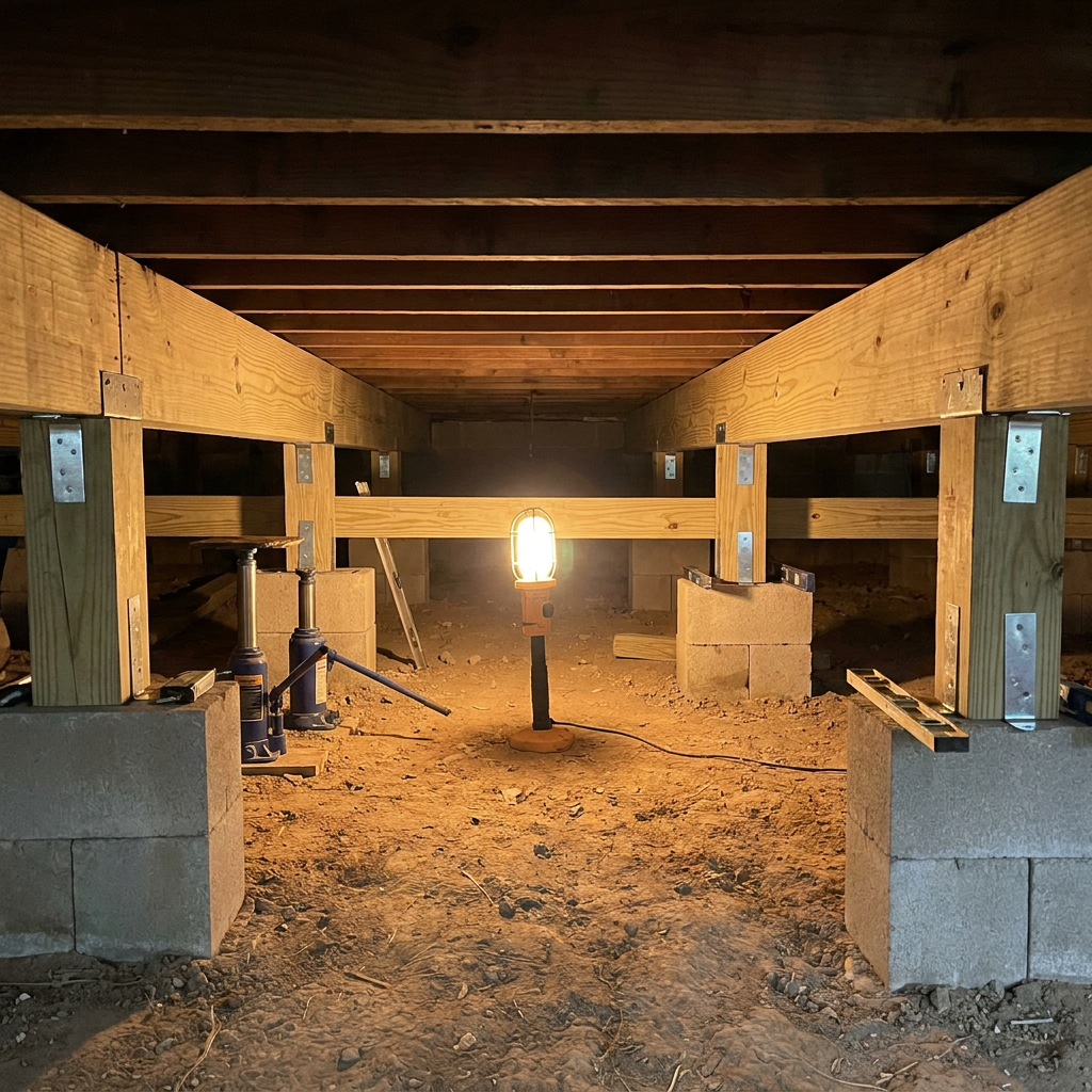 Crawl space under a pier and beam home with new beams, concrete piers and jacks during foundation leveling