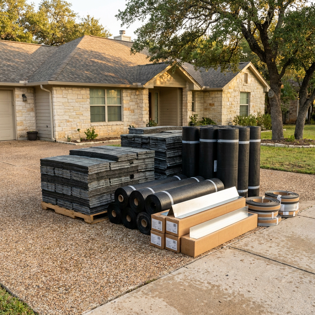 Bundles of new shingles, underlayment rolls and flashing staged on a driveway before a roof replacement