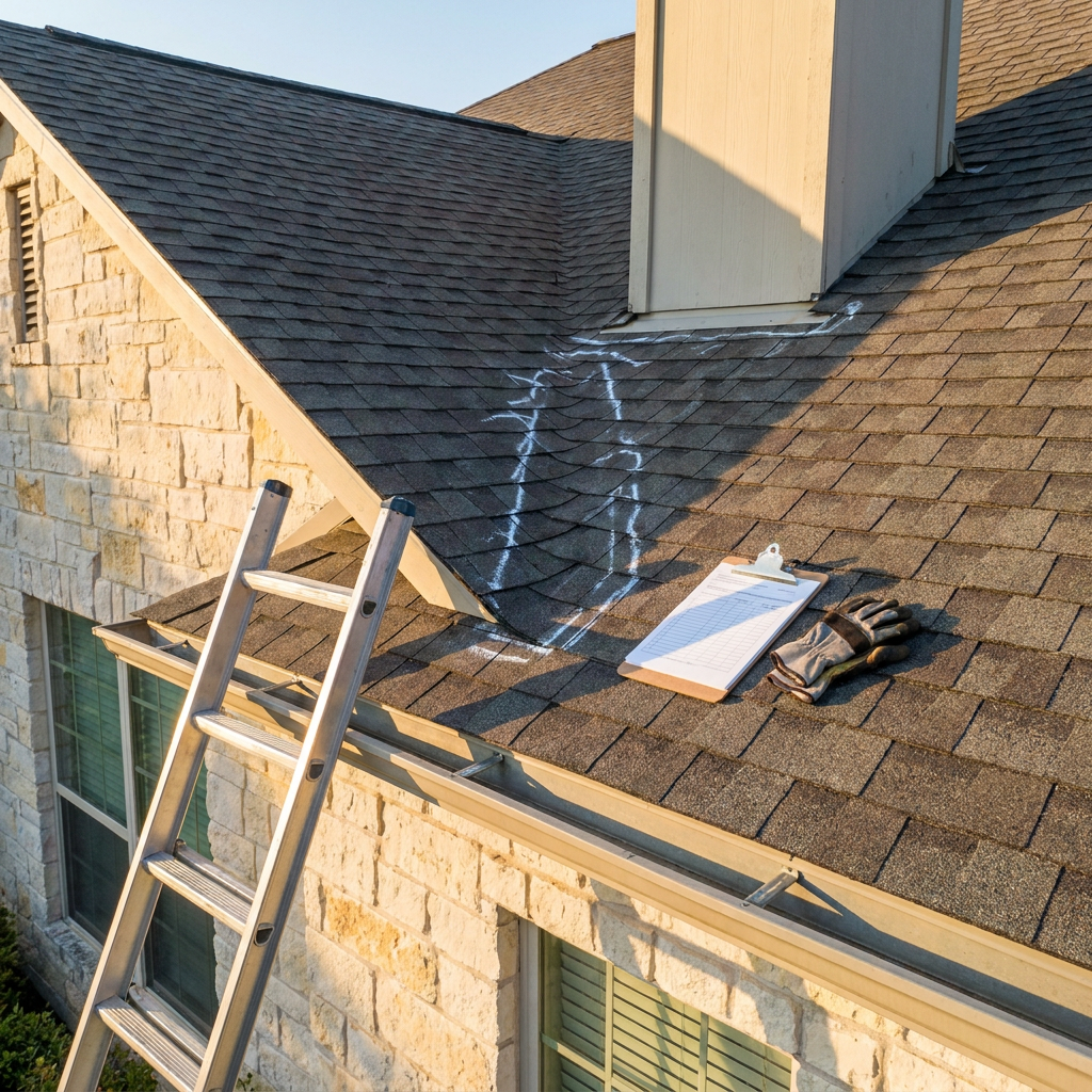 Roof inspection in progress with a ladder against a limestone home and problem areas marked near the chimney