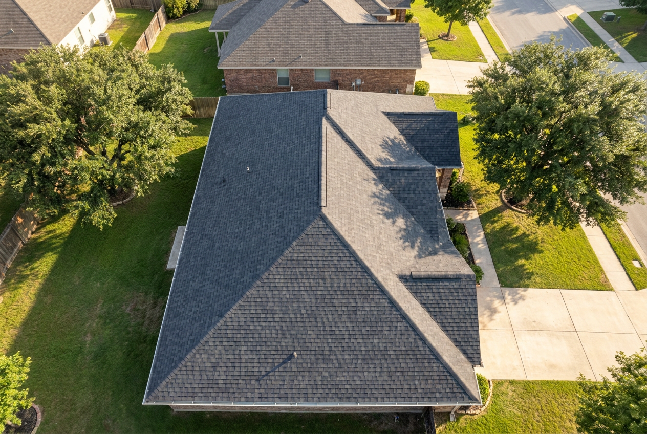 Aerial view of a finished charcoal shingle roof on a home in a tree-lined Taylor, Texas neighborhood