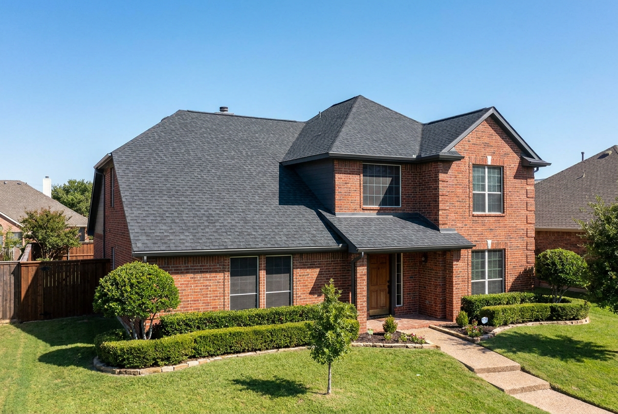 Two-story brick home with a new charcoal architectural shingle roof
