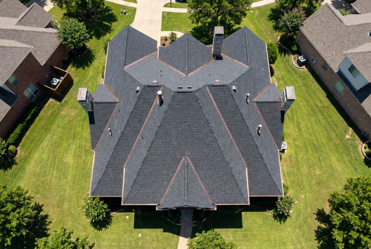 Aerial drone view of a finished roof in a DFW neighborhood