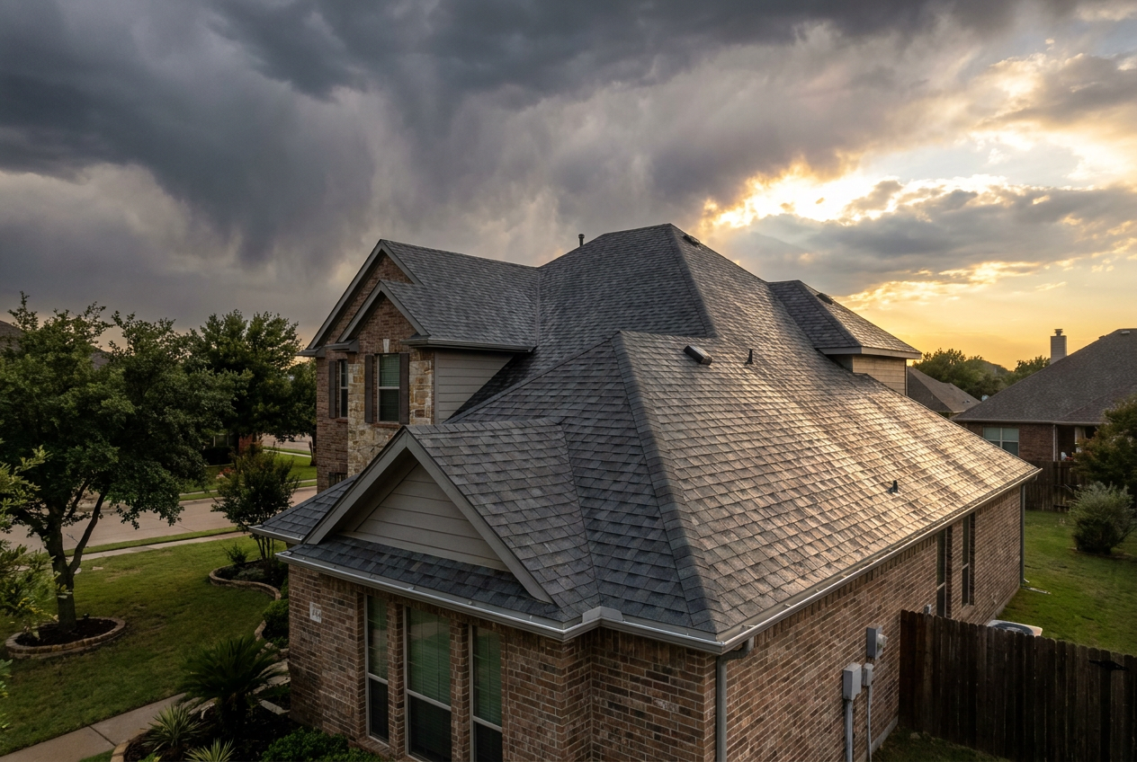 Newly completed charcoal shingle roof on a DFW home at golden hour after a storm