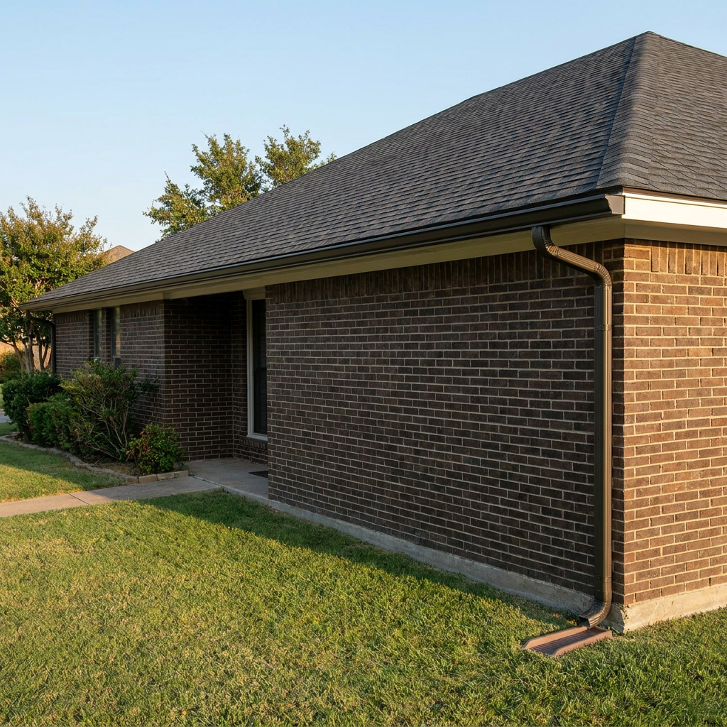 Seamless gutter and downspout along the roofline of a DFW brick home
