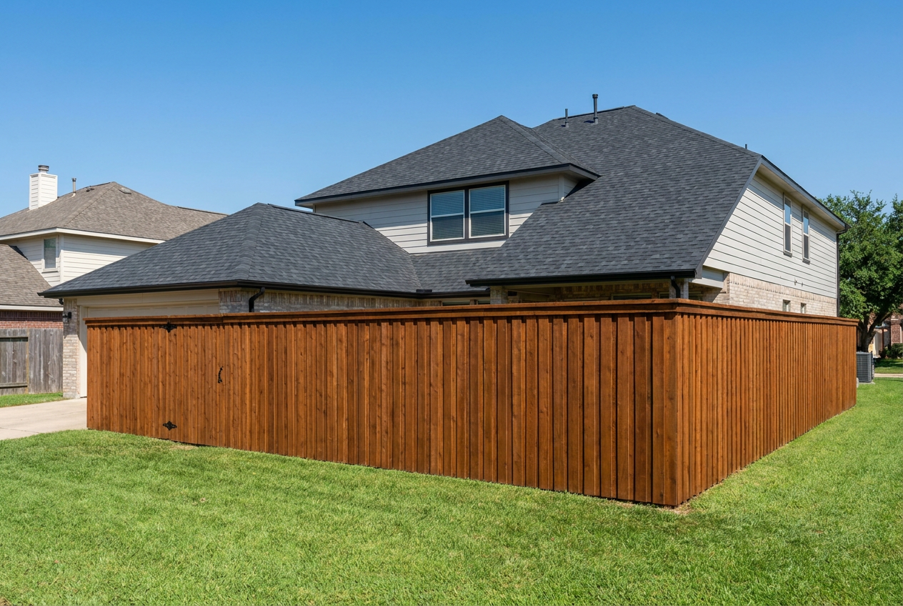 Home with a new roof and freshly stained privacy fence