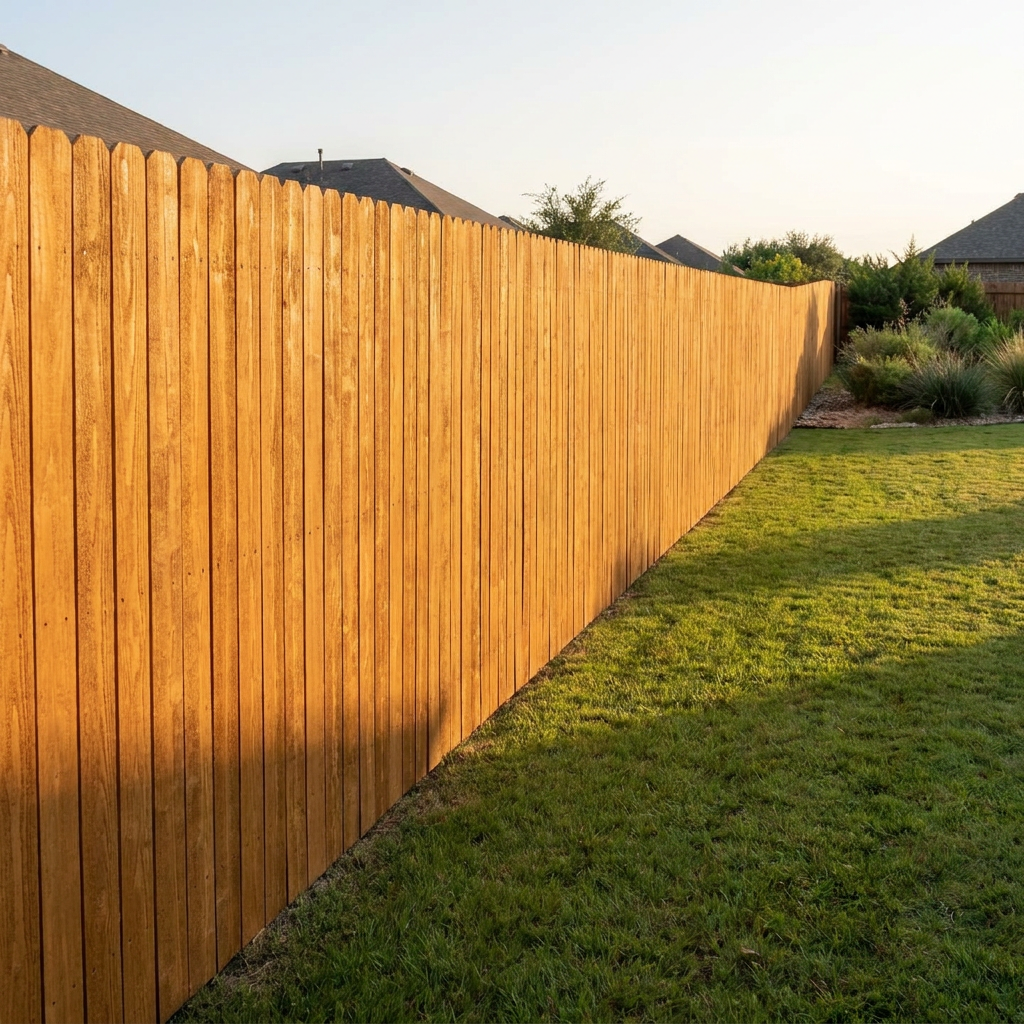 Freshly stained cedar privacy fence