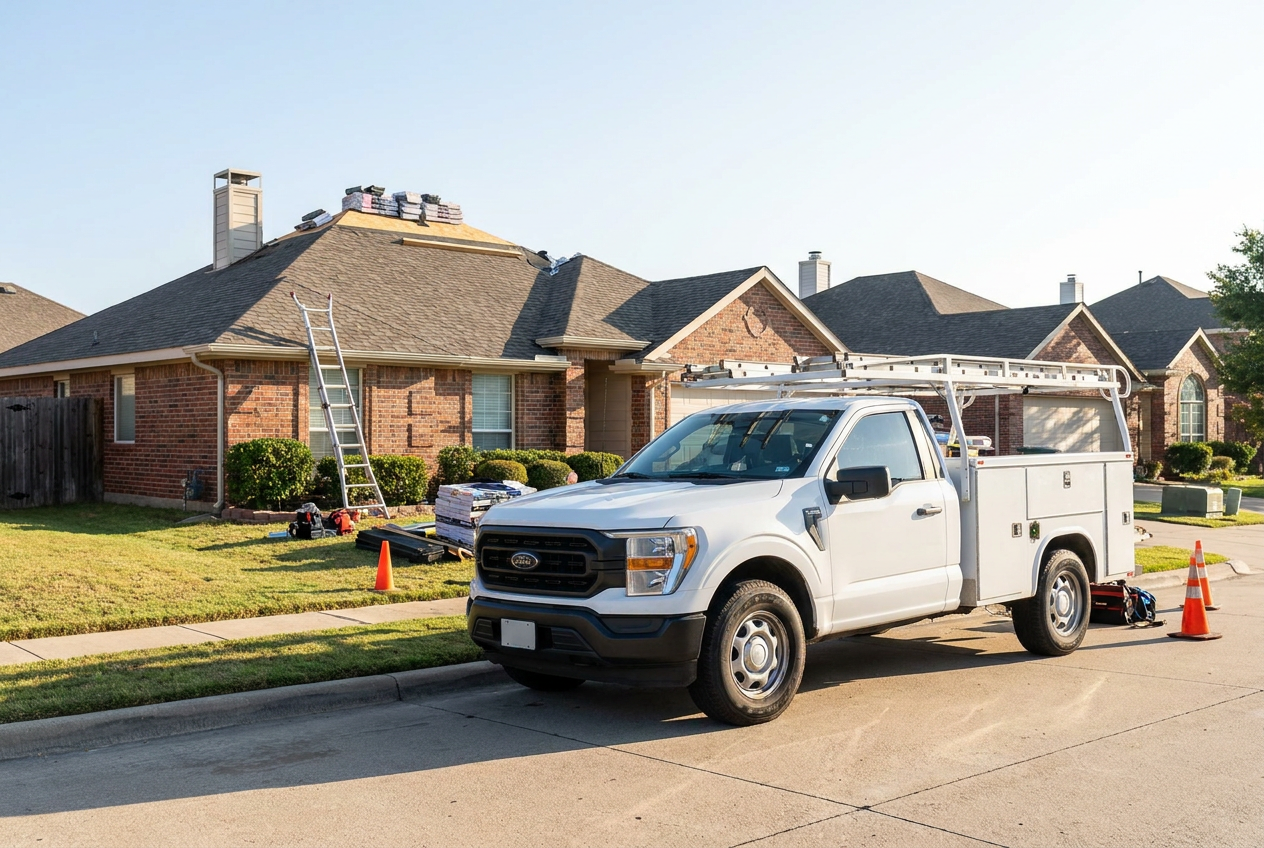 Work truck and ladder at a DFW residential roofing job site