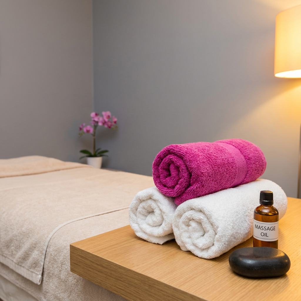 Neatly prepared massage station with rolled towels, oil, and a hot stone