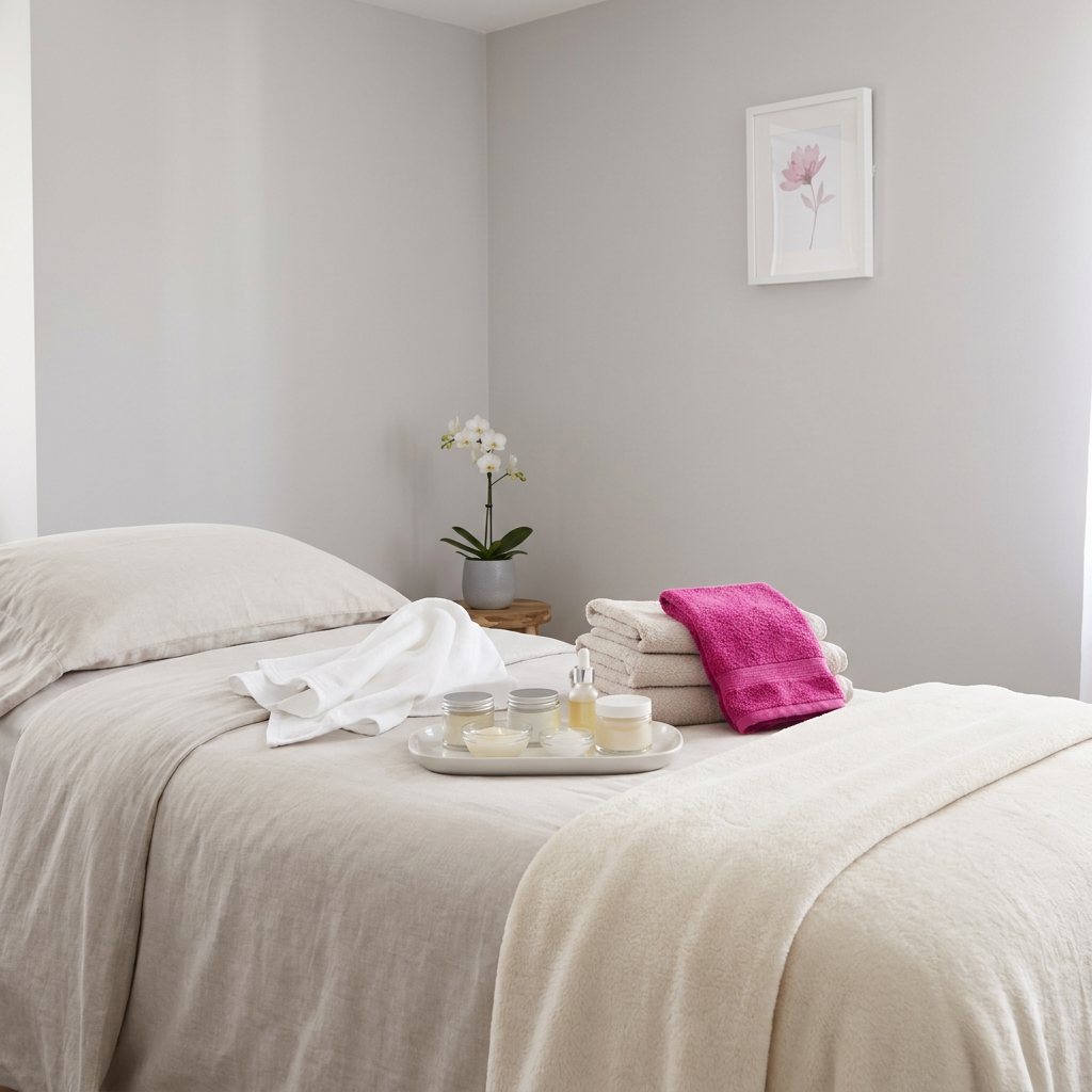Clean skin care treatment room set up with fresh linens and products