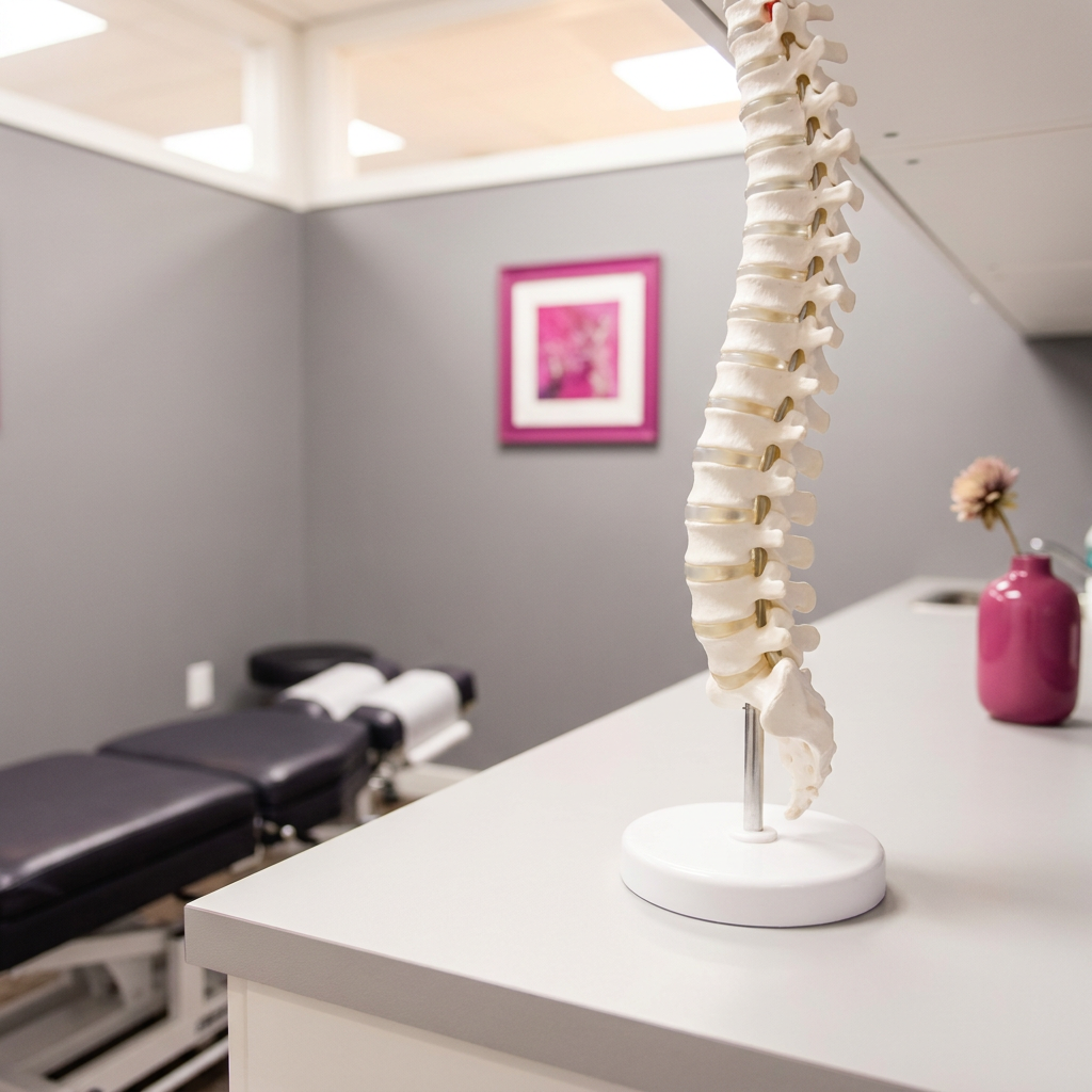 Anatomical spine model in a bright chiropractic treatment room