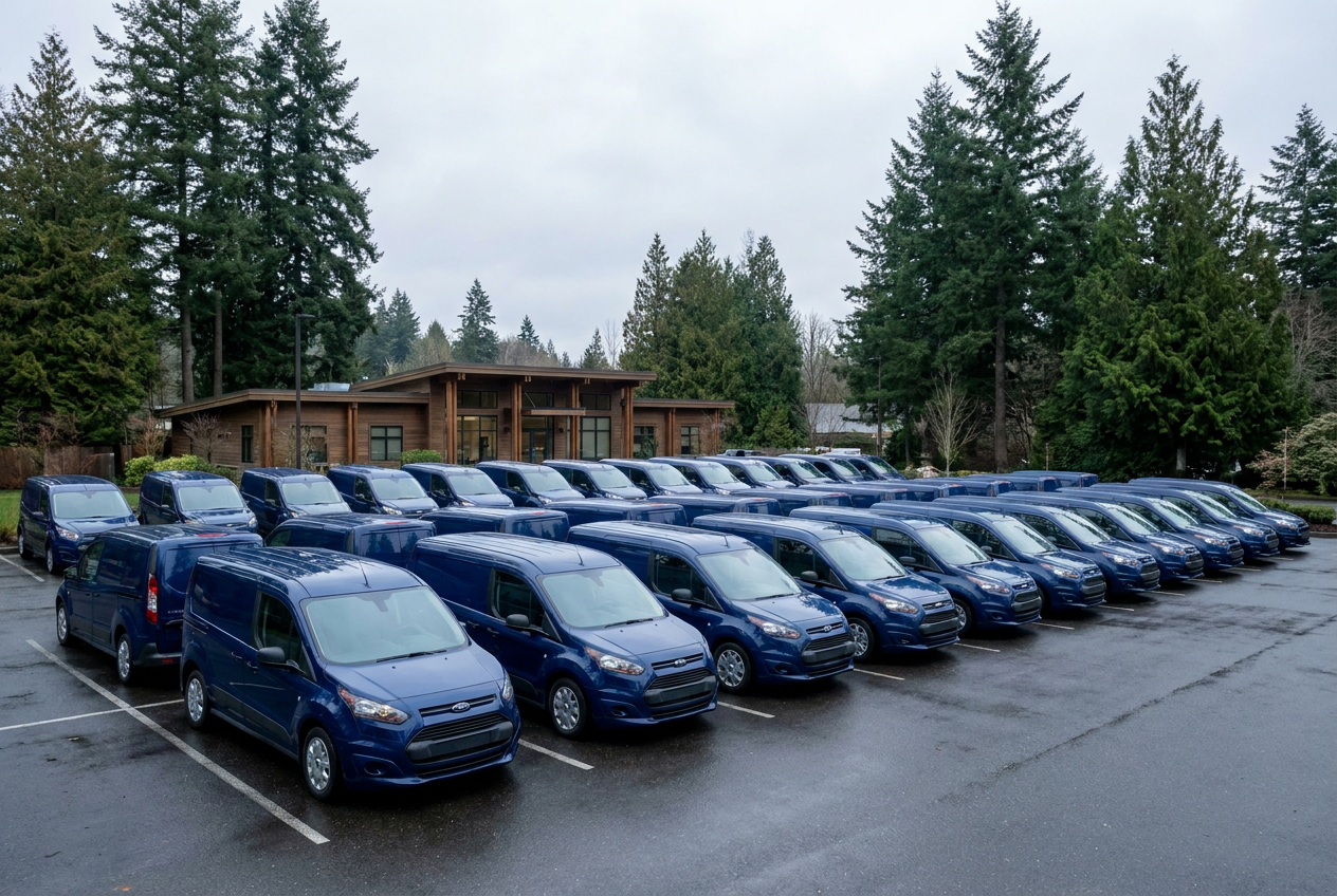 A fleet of clean navy BelRed service vans lined up in Woodinville
