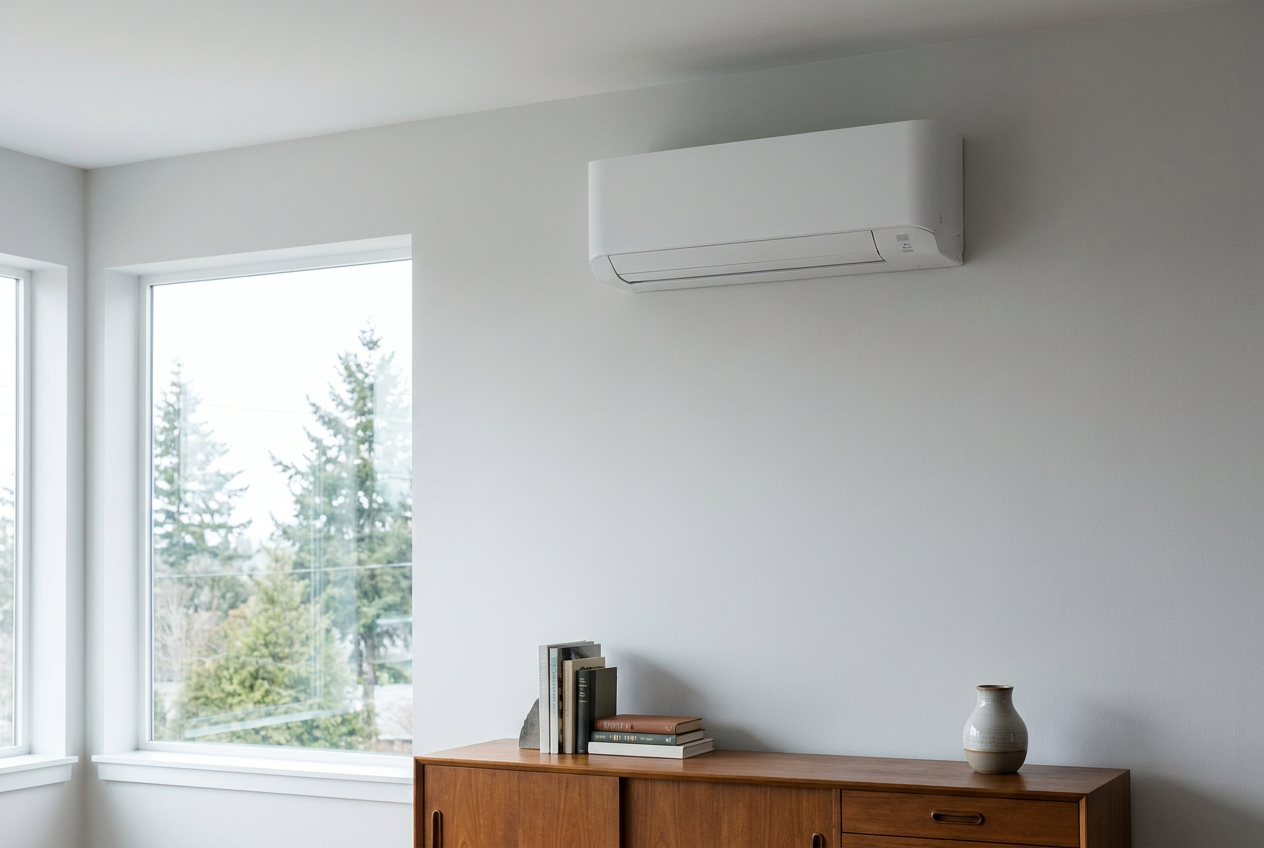 Sleek ductless mini-split head unit mounted in a modern living room