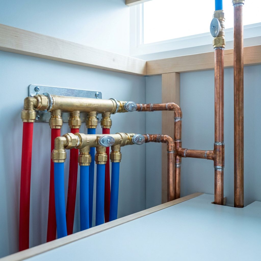 Clean, professionally installed plumbing manifold with new copper and PEX piping