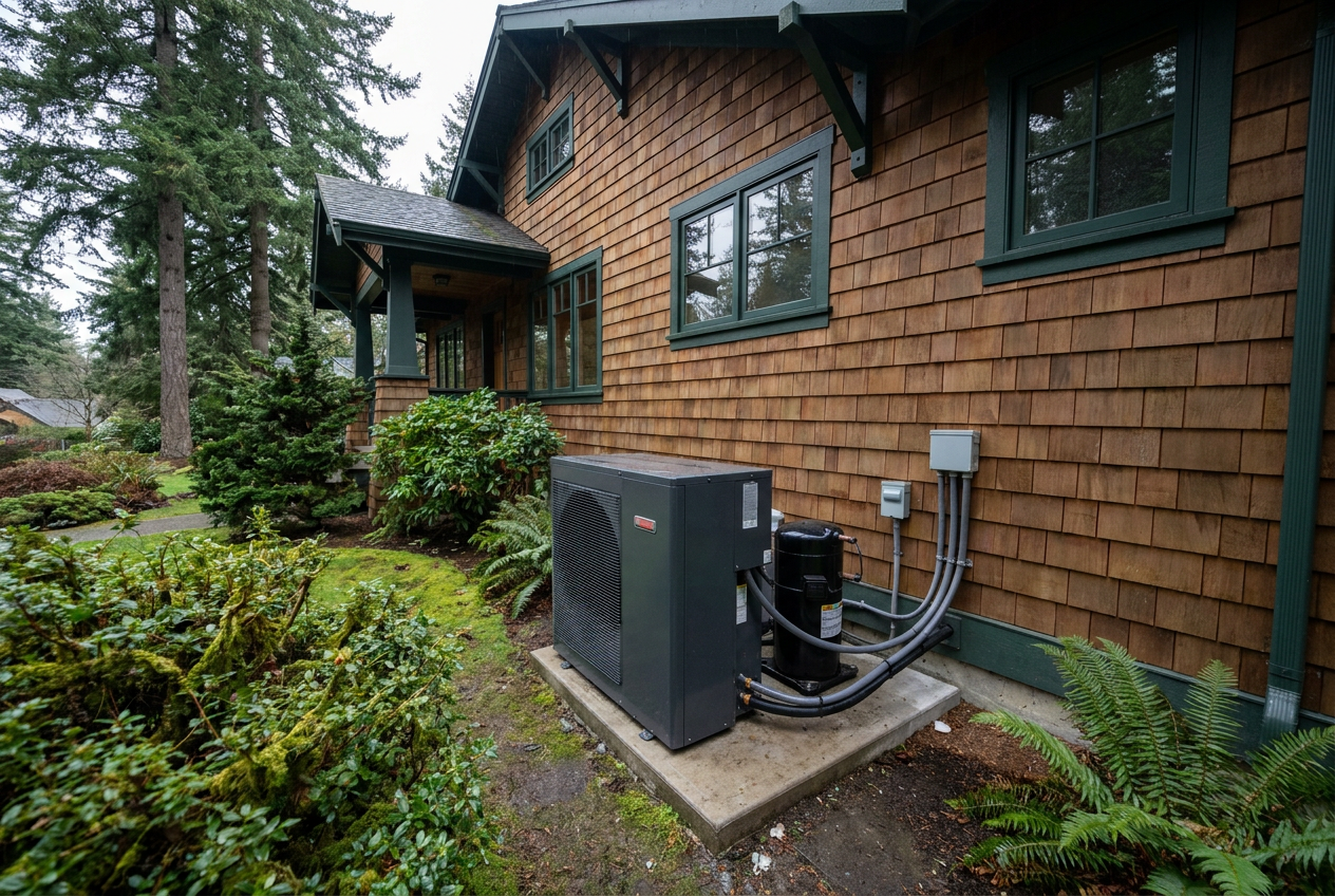 Modern high-efficiency outdoor heat pump beside a Seattle-area home