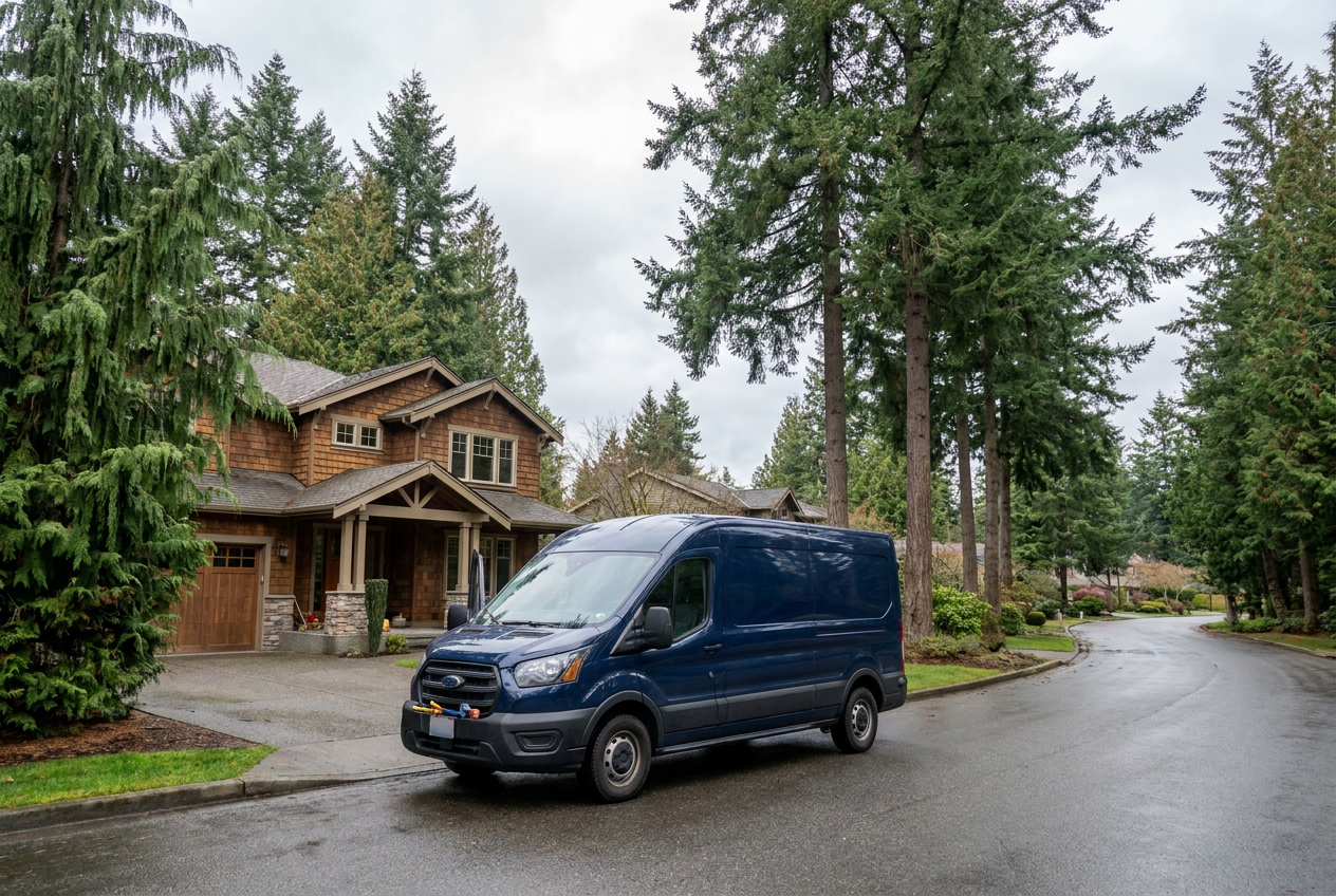 A clean navy BelRed service van in a Seattle-area residential driveway