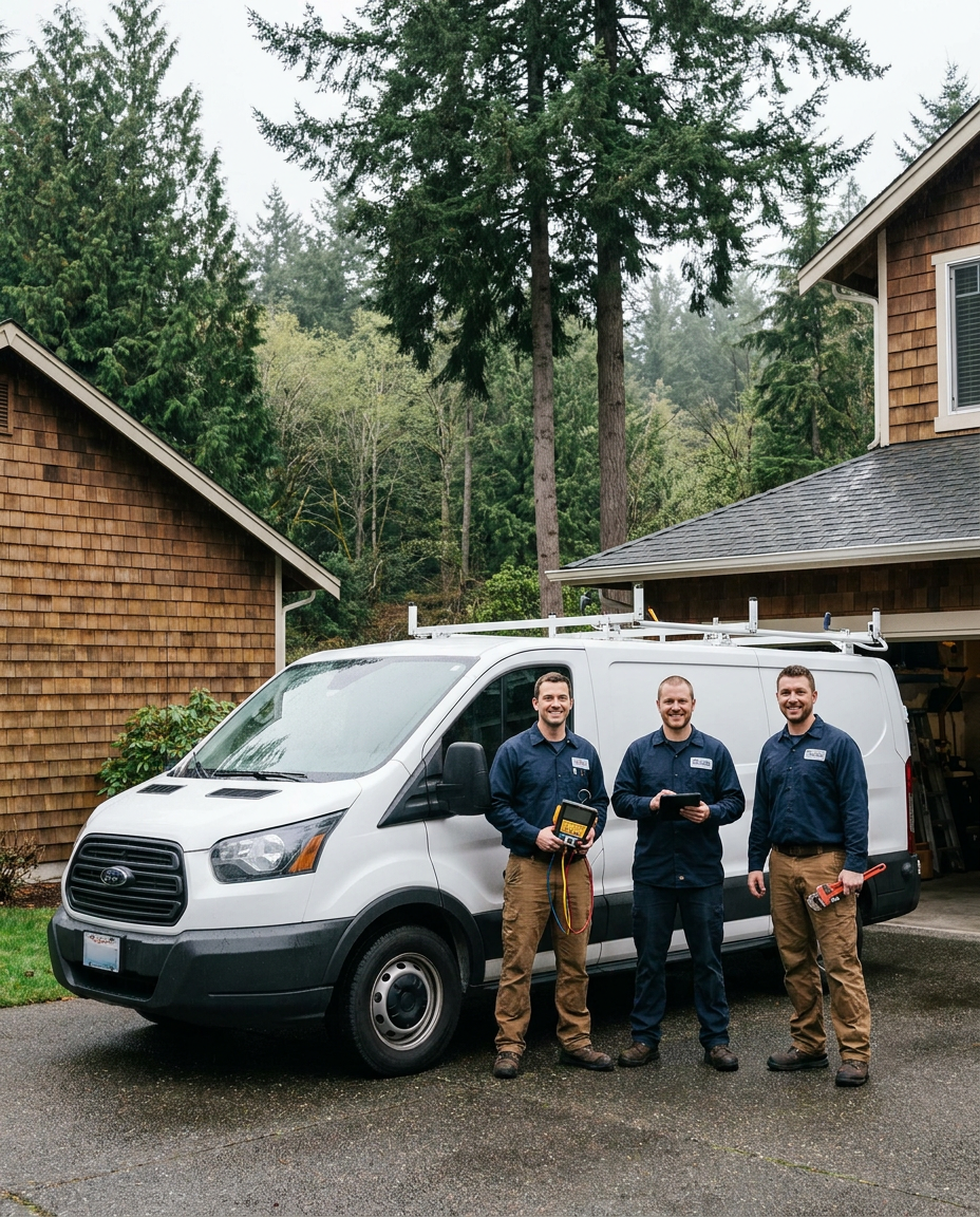 Three friendly BelRed technicians in navy uniforms in a Woodinville driveway