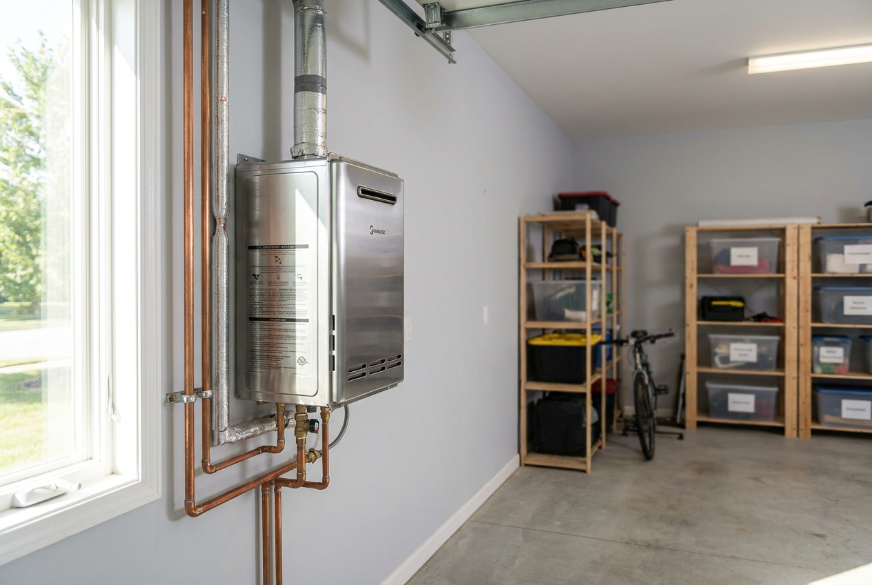 Modern tankless water heater mounted on a garage wall