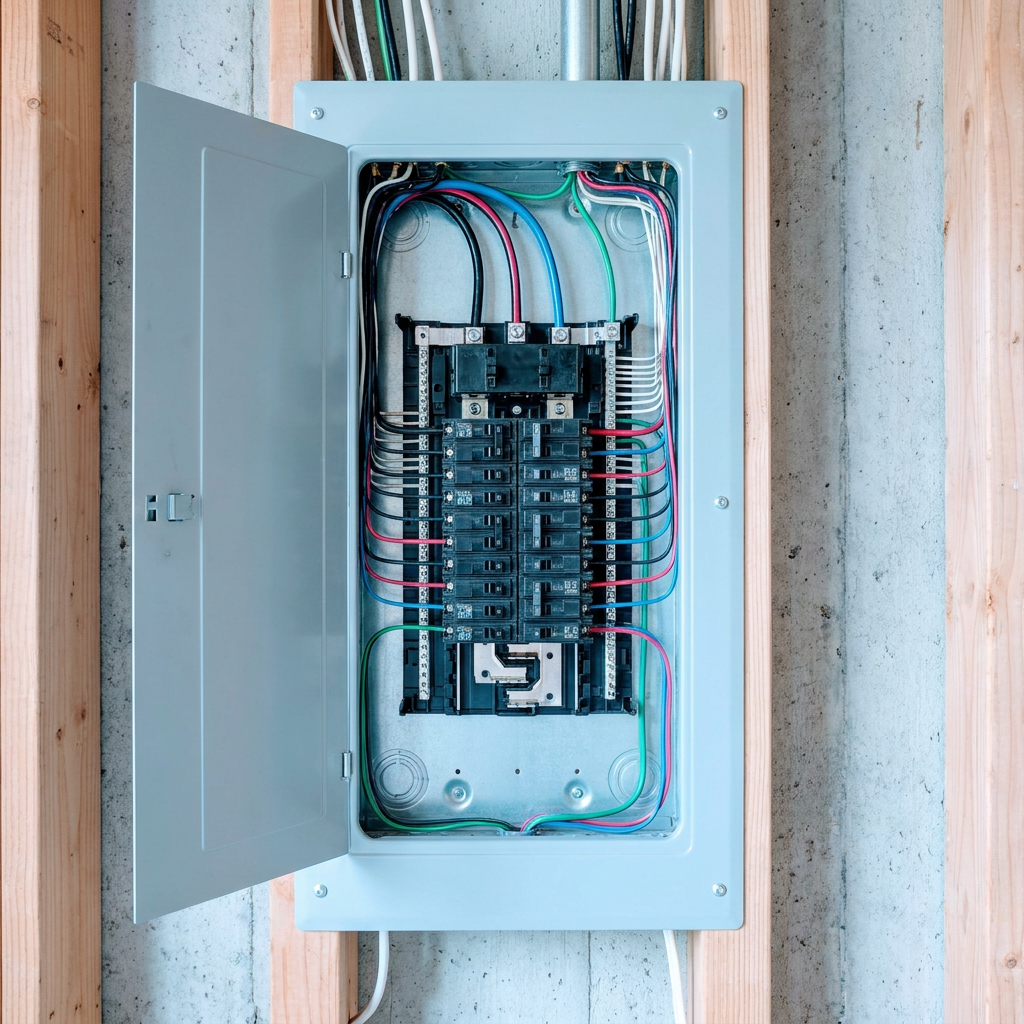 Newly installed residential electrical panel with neatly organized breakers