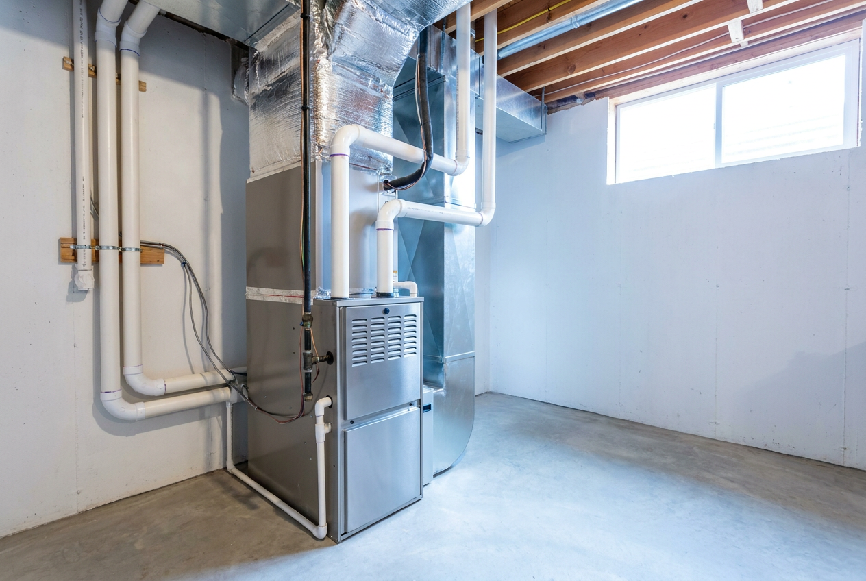 Newly installed high-efficiency gas furnace in a clean utility room