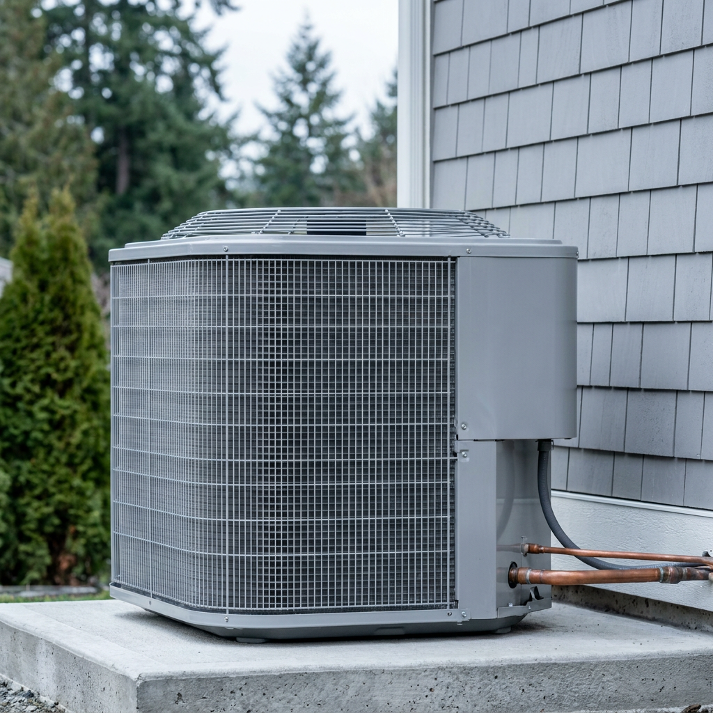 High-efficiency heat pump condenser installed beside a craftsman-style home
