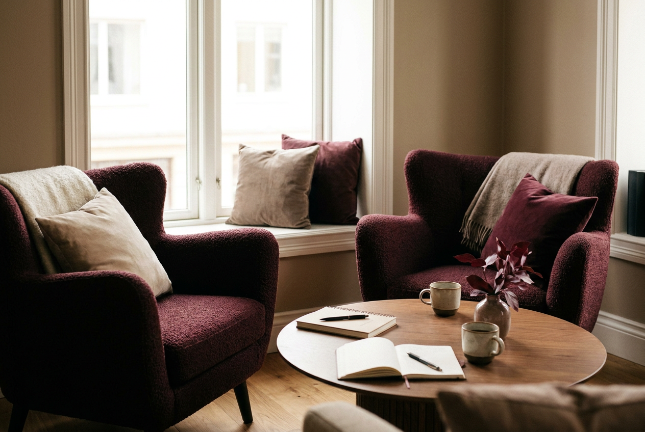 A calm, modern consulting space with two chairs by a window