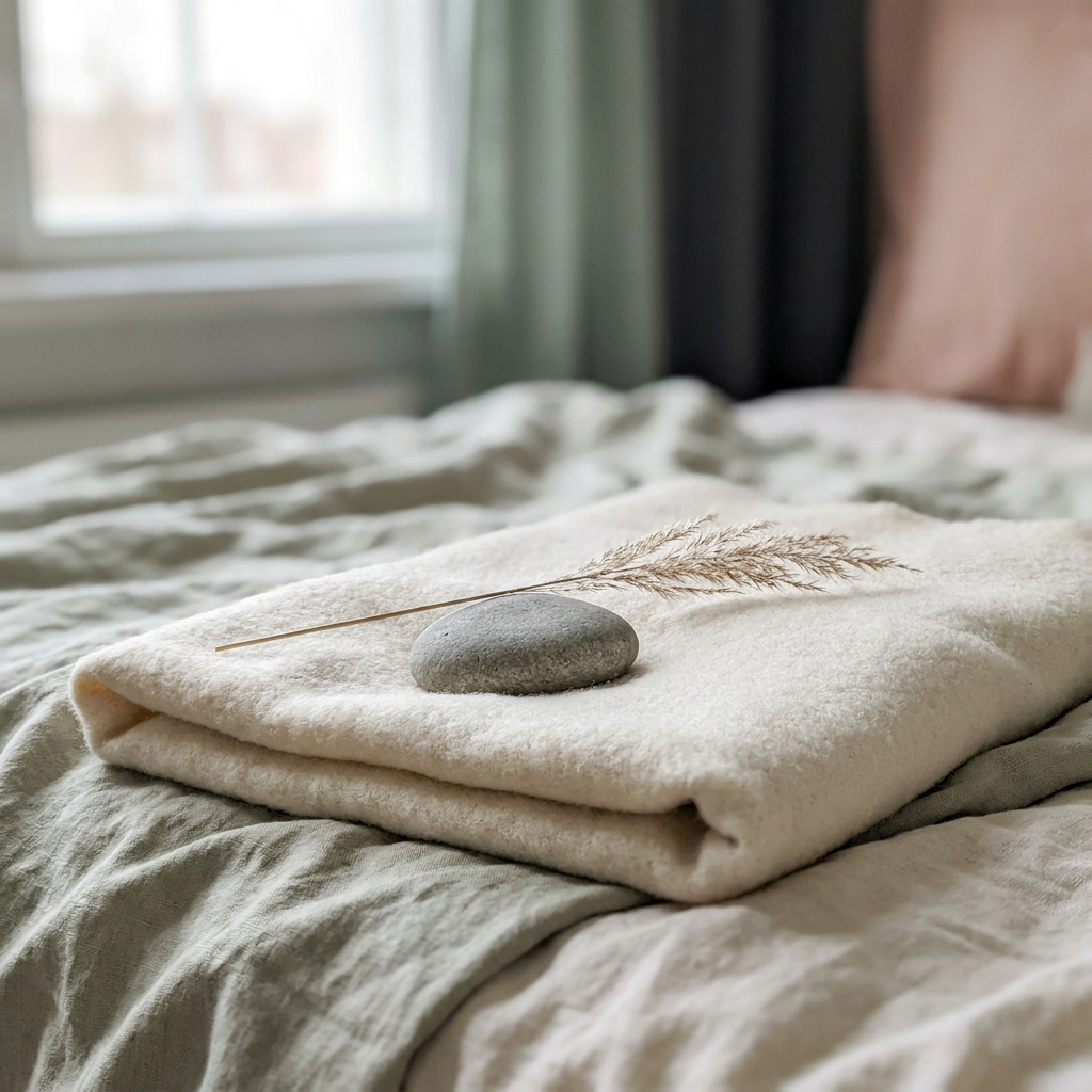 A folded blanket and smooth stone evoking calm and regulation