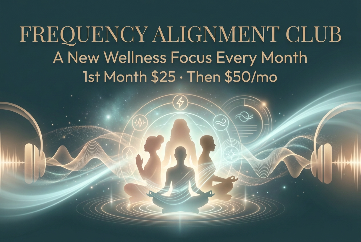 Frequency Alignment Club — a new wellness focus every month; first month $25, then $50 monthly