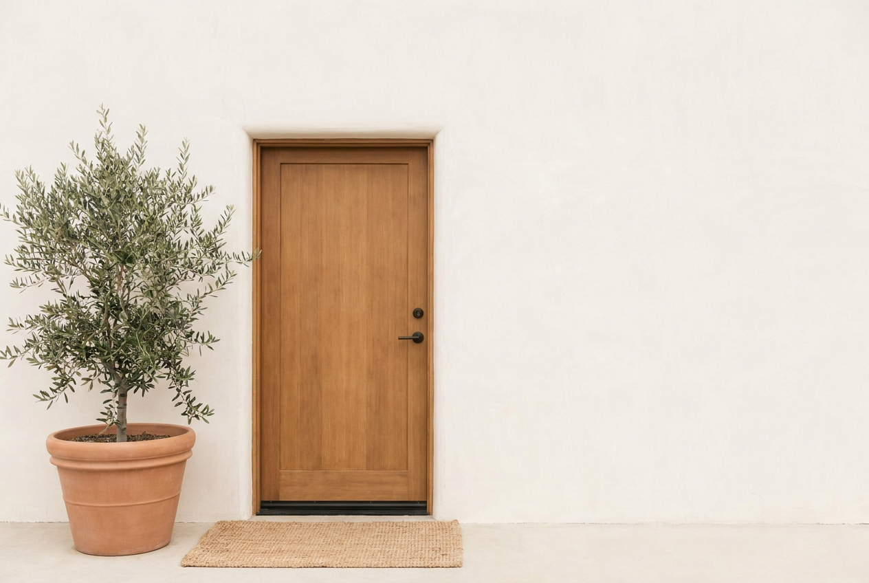 The calm, welcoming entrance of the wellness studio with a potted olive tree