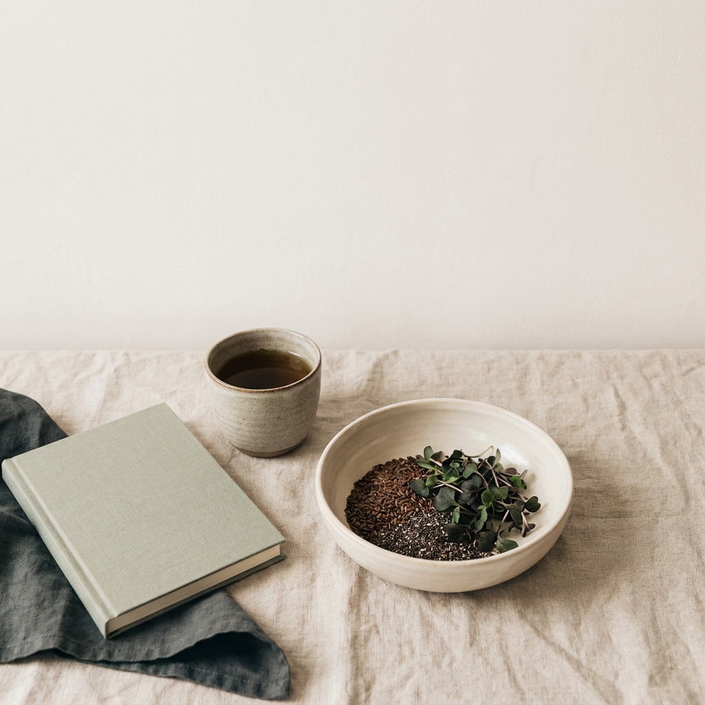 A still life of seeds, greens and a notebook evoking nutrition and genomics