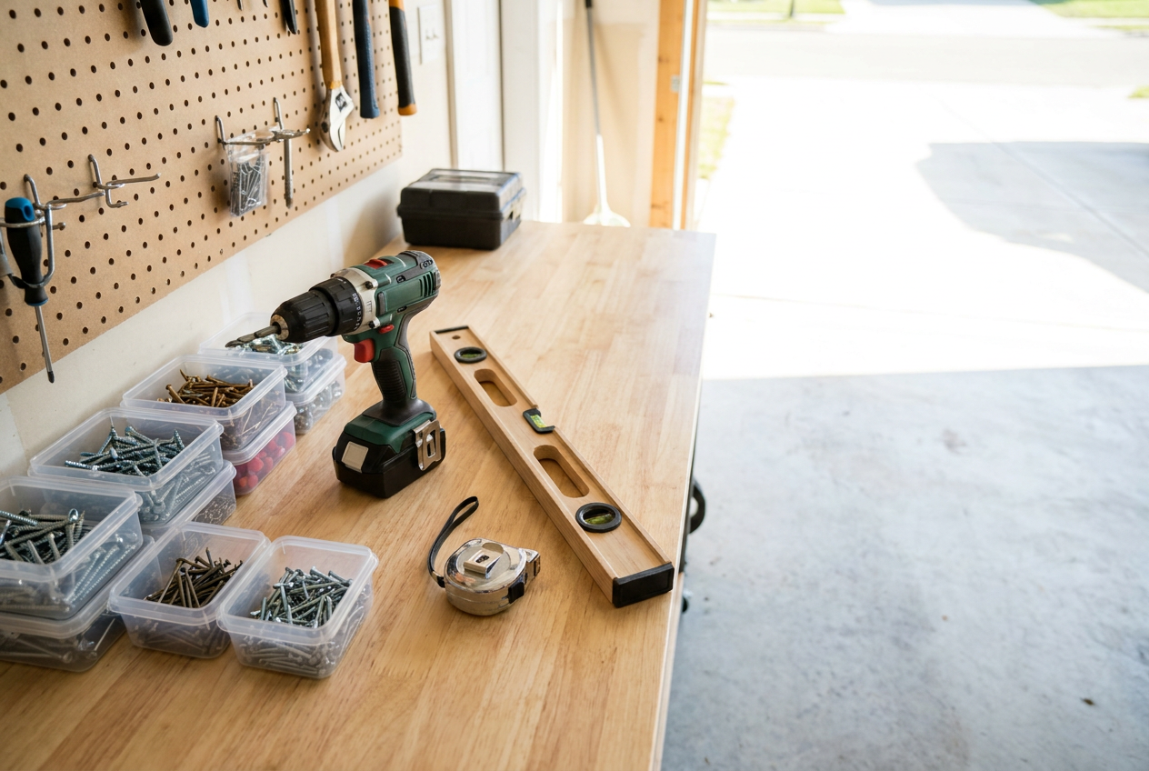 Organized handyman tools laid out on a clean workbench