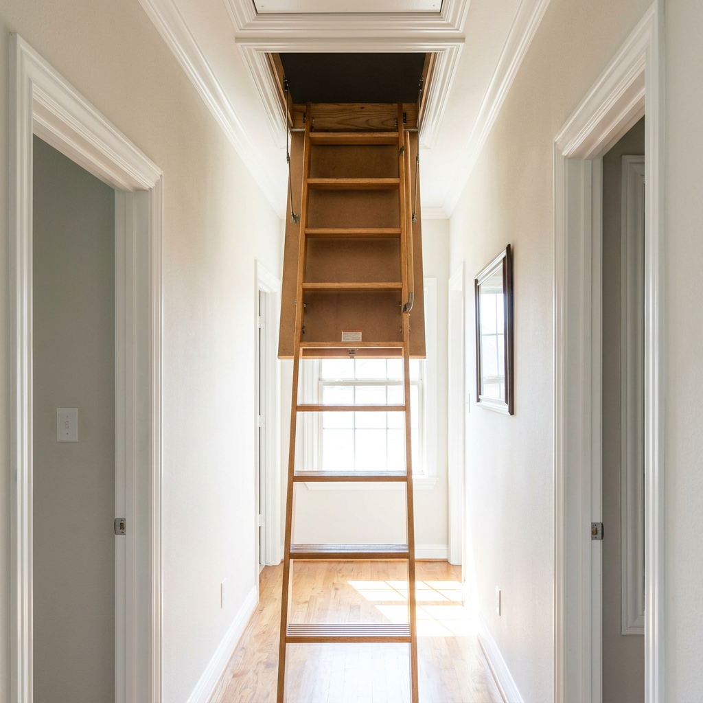 Pull-down attic ladder installed in a hallway ceiling