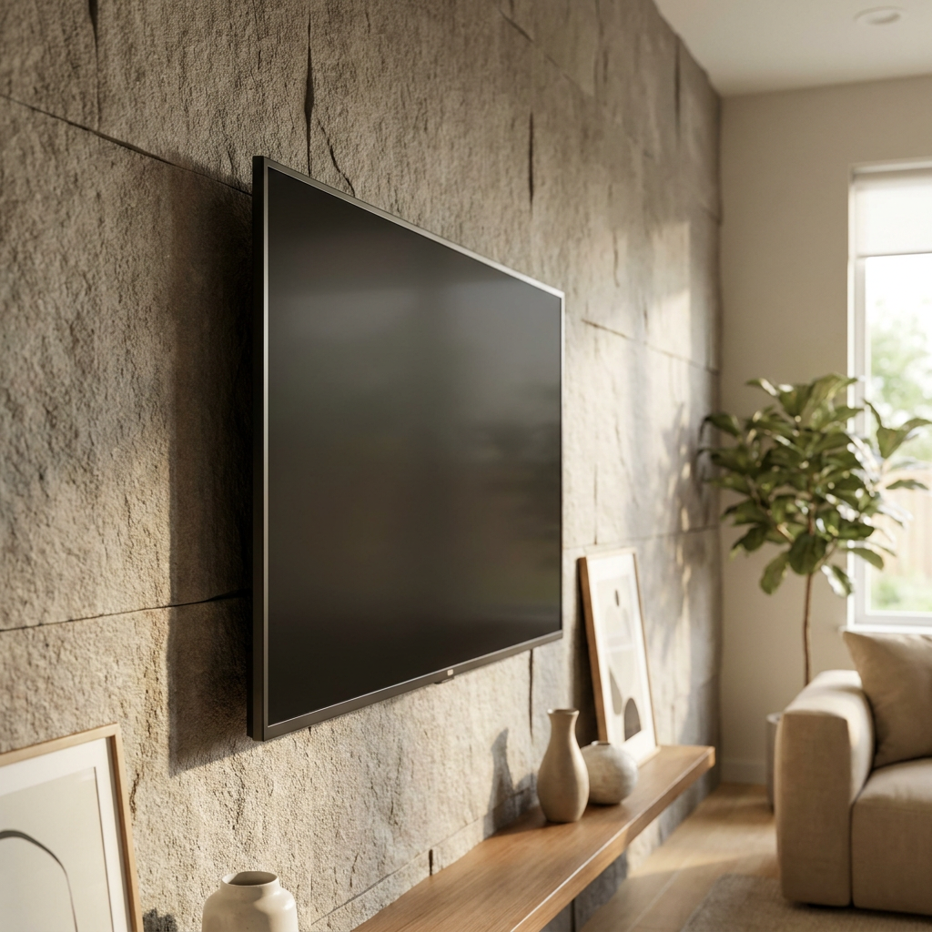 Flat-screen TV mounted level and flush with hidden cables