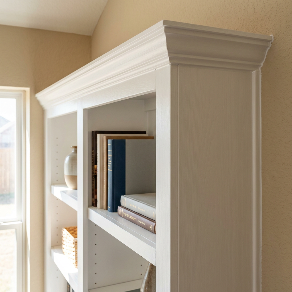 Custom built-in white shelving with crisp trim