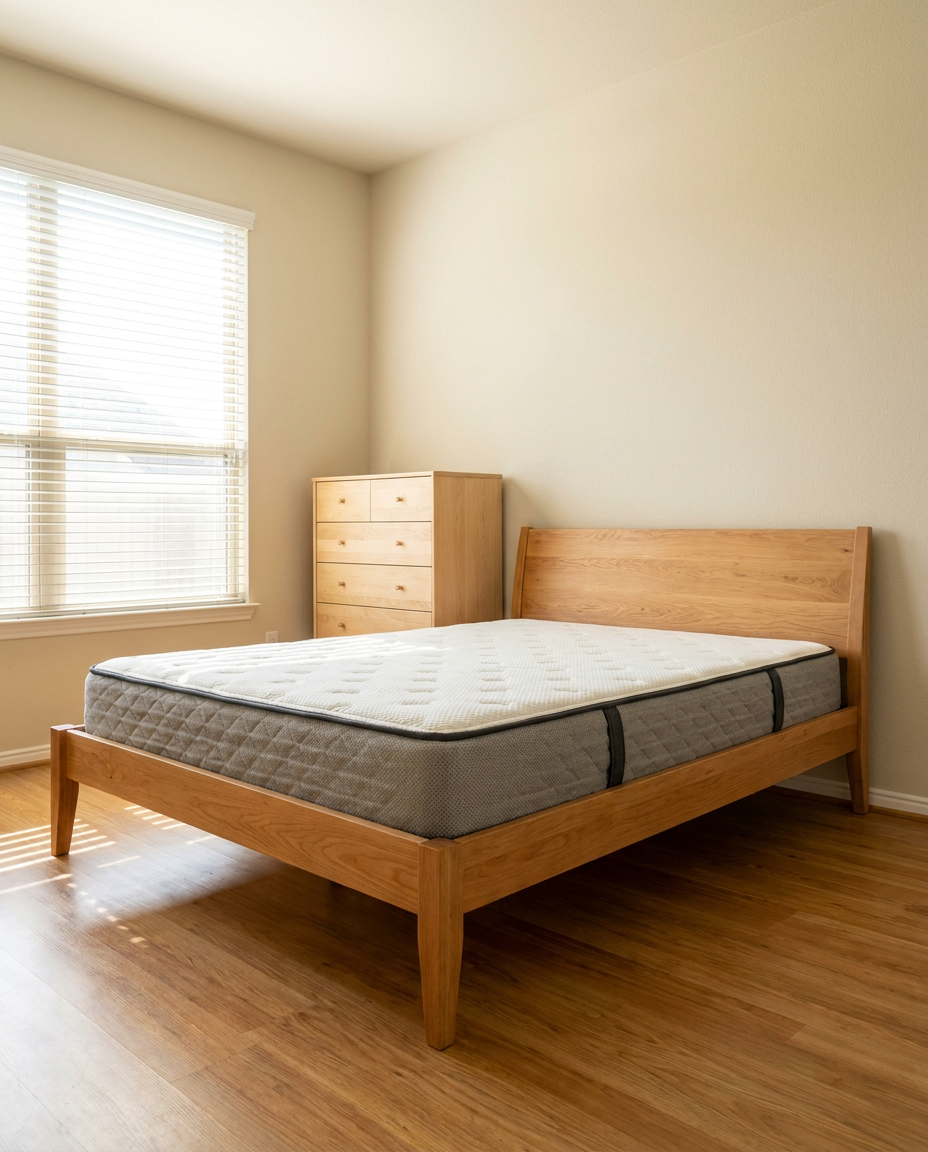 A bright, tidy bedroom with mounted blinds and shelving