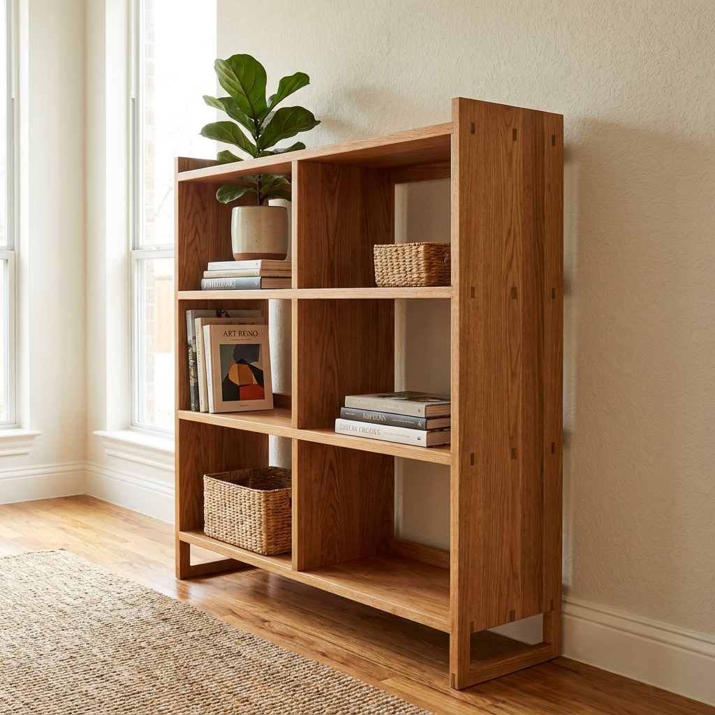 Freshly assembled wooden bookshelf styled against a wall