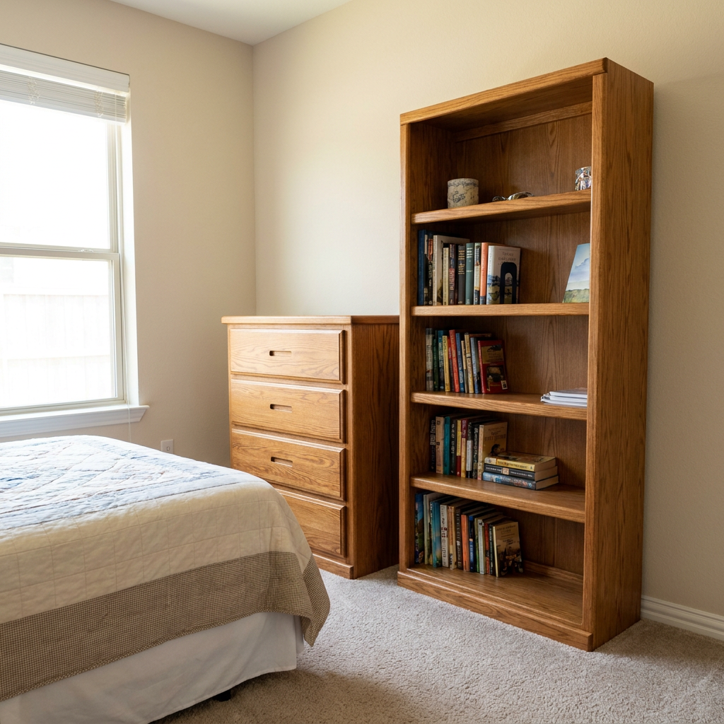A fully assembled solid-wood dresser and bookshelf in a bright bedroom