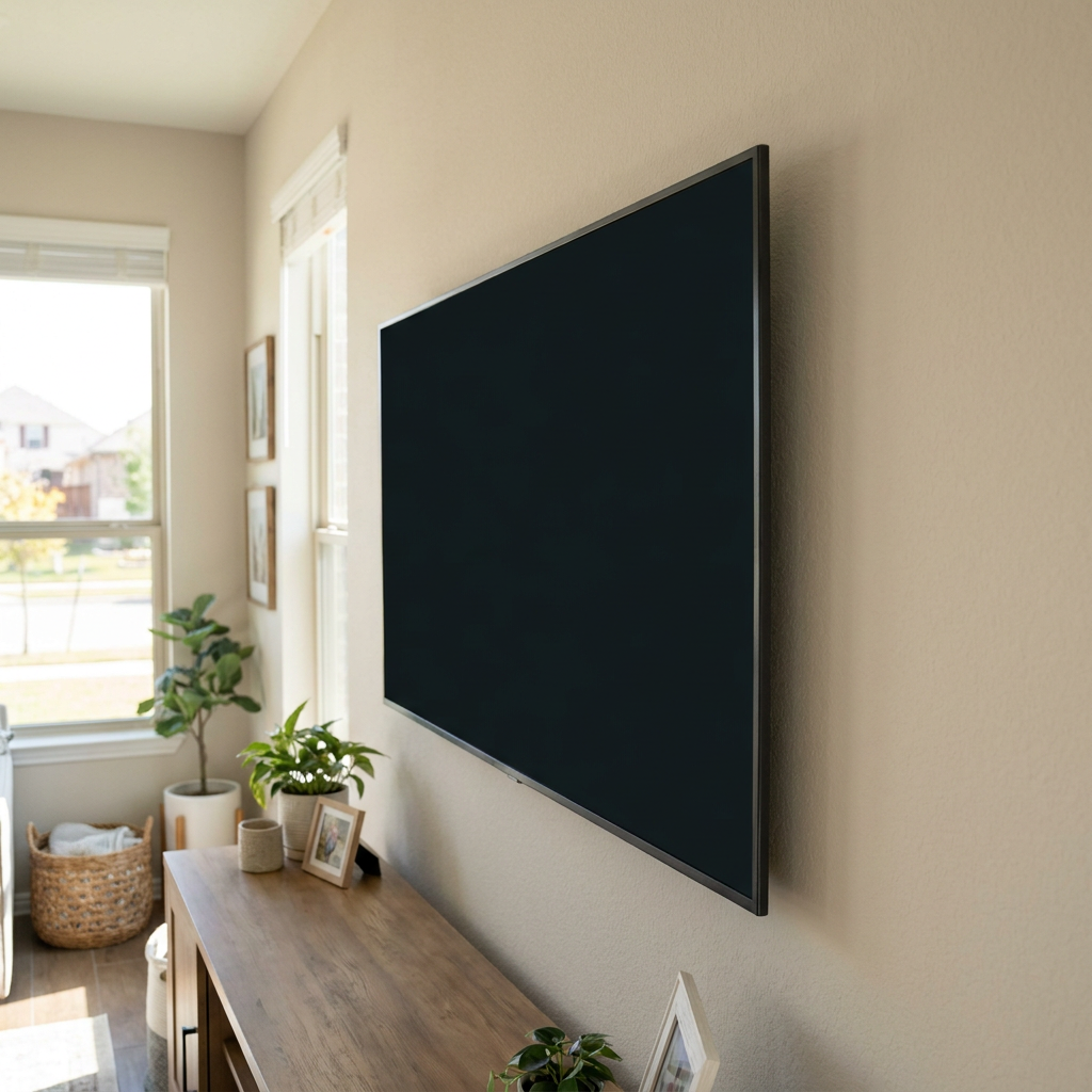 A flat-screen TV mounted flush and level on a living room wall with cables hidden