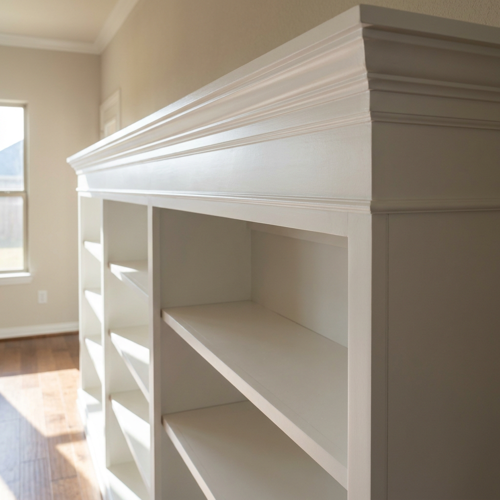 Freshly built custom white built-in shelving with clean crown molding