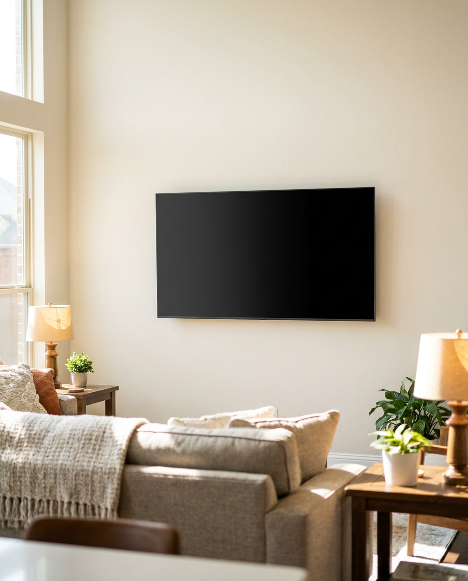 Flat-screen TV cleanly wall-mounted in a bright Keller living room